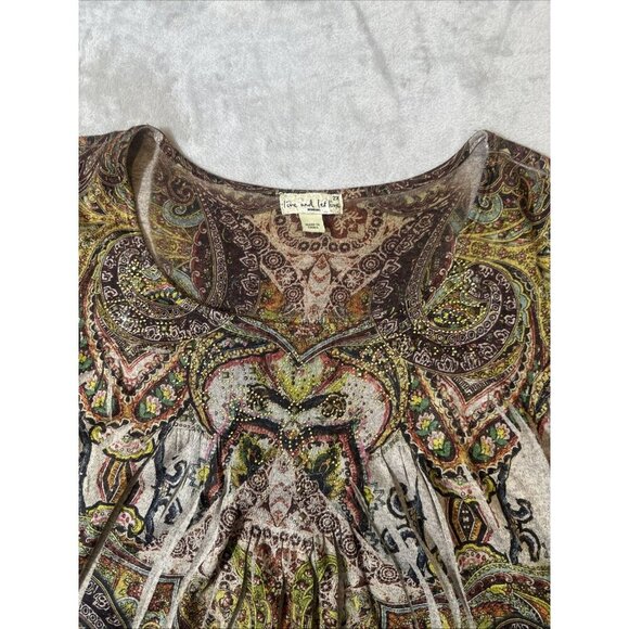 One World 2X Boho Paisley Mixed Print Top Scoop Neck 3/4 Sleeve Stretch Blouse - Picture 7 of 11